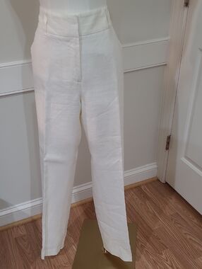 Anne Klein High-Waist Straight-Leg White Linen Pants - Size 12